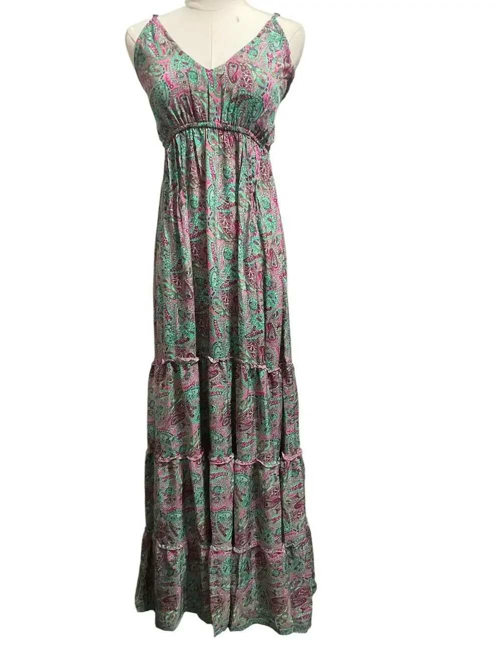 Rhea Paisley Maxi Dress NWT One Size S-L Pink Green Boho Tiered Smocked Strappy